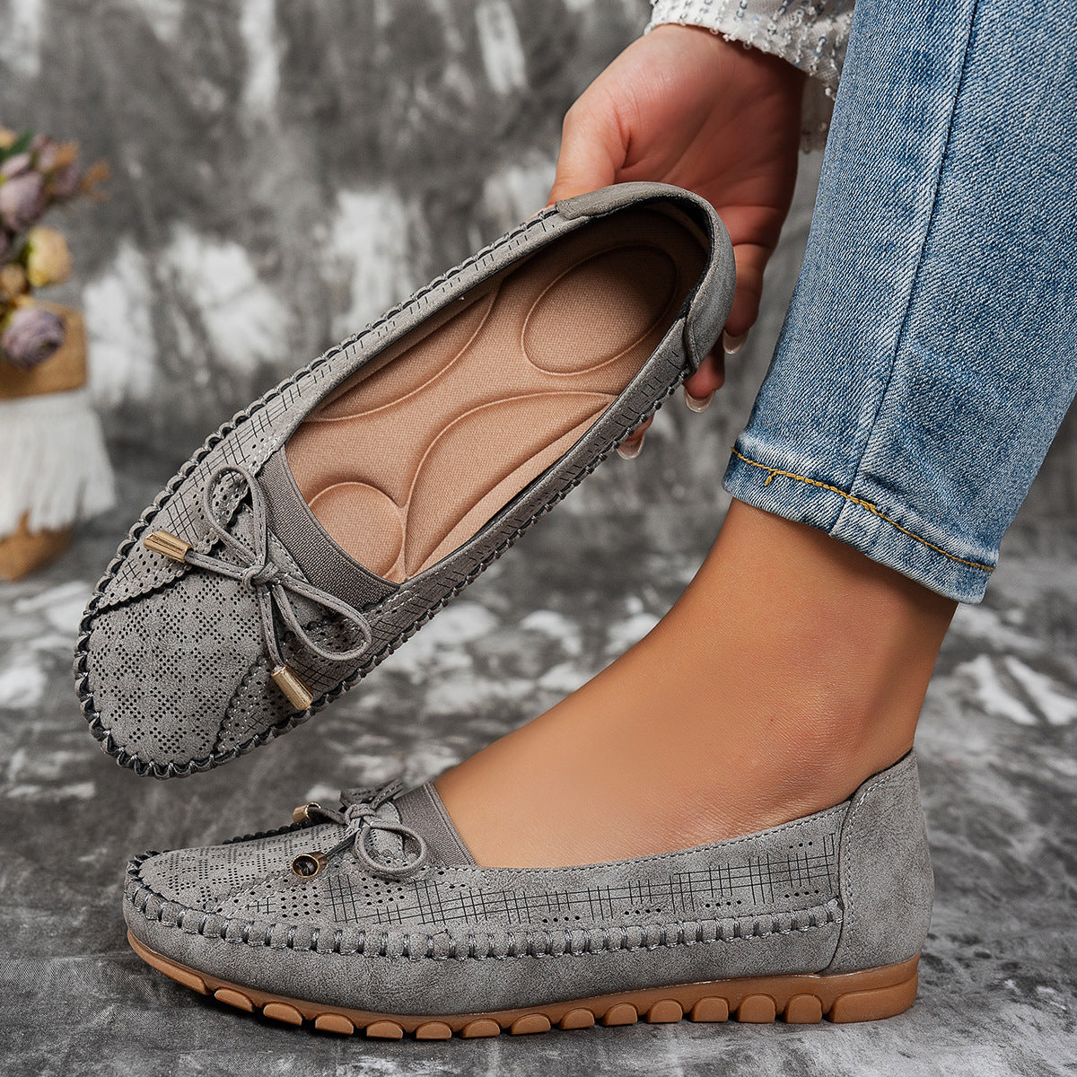 Stitching Bow Solid Color Women's Flat-heeled Shoes