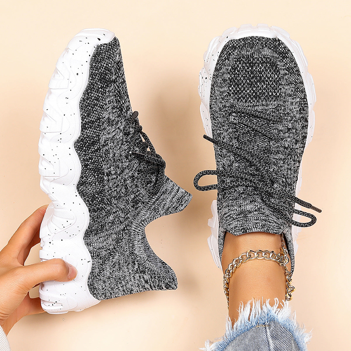 Plus Size Women's Sports Shoes Breathable Fly-knit Socks Shoes
