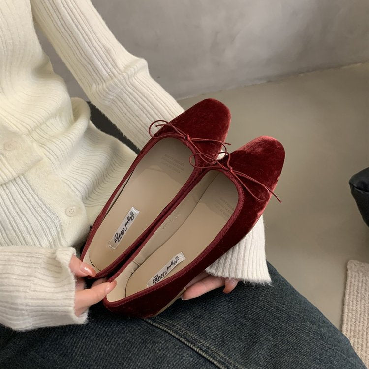 Women's Bow Solid Color French Flat Low-cut Shoes