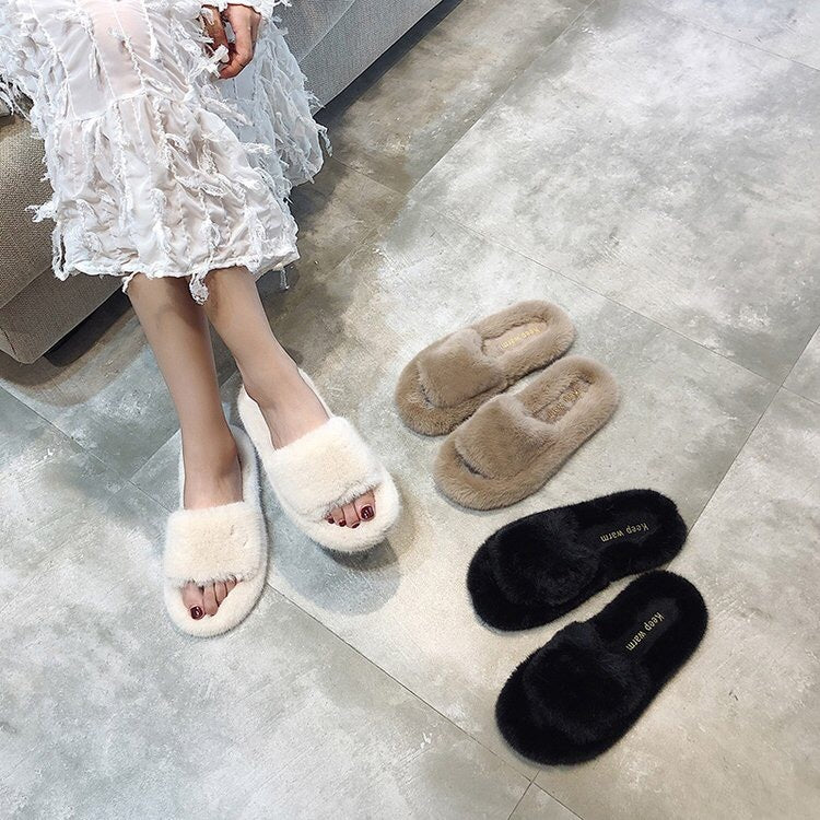Suede shoes ladies round head flat wool slippers