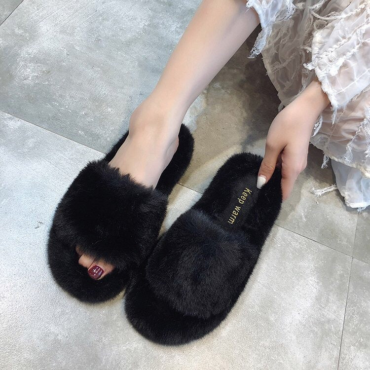 Suede shoes ladies round head flat wool slippers