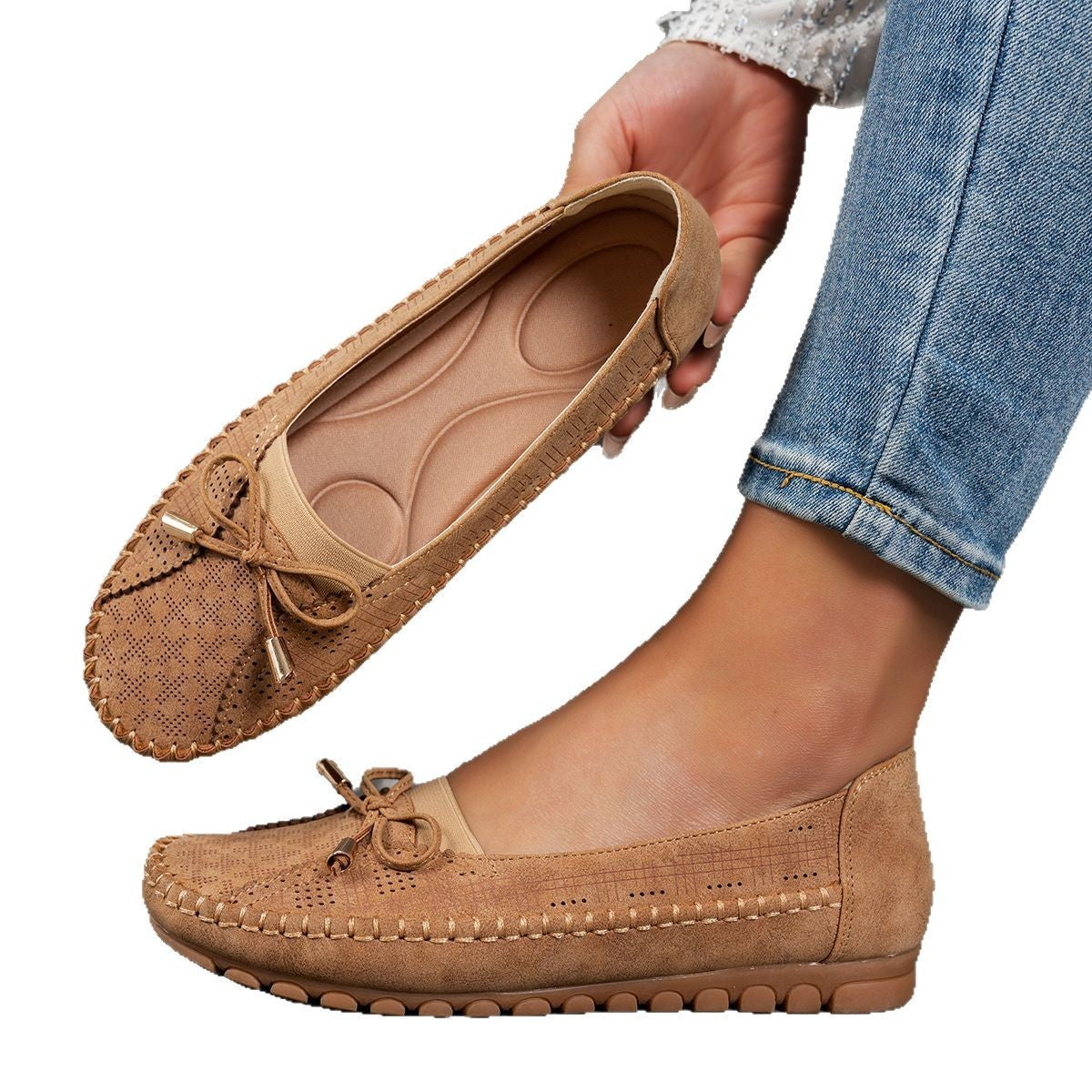 Stitching Bow Solid Color Women's Flat-heeled Shoes