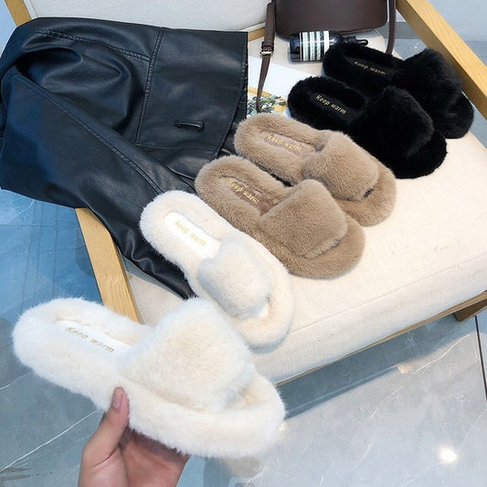 Suede shoes ladies round head flat wool slippers
