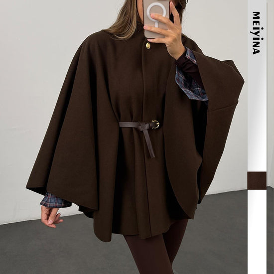 Winter Elegant Style Solid Color Waist Tight Woolen Cape Coat Mid-length