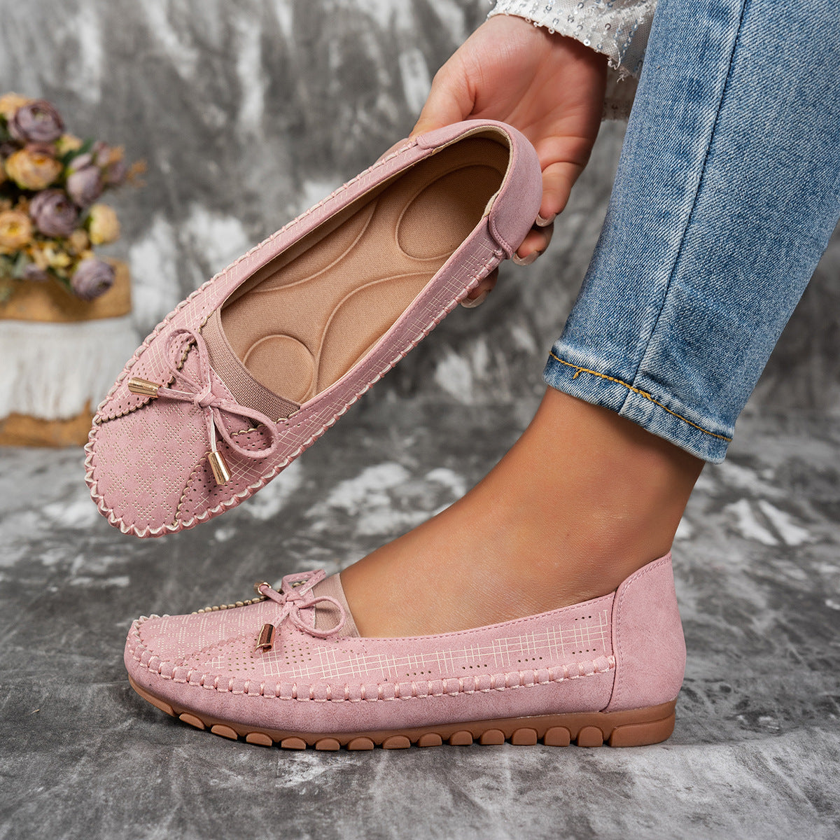 Stitching Bow Solid Color Women's Flat-heeled Shoes