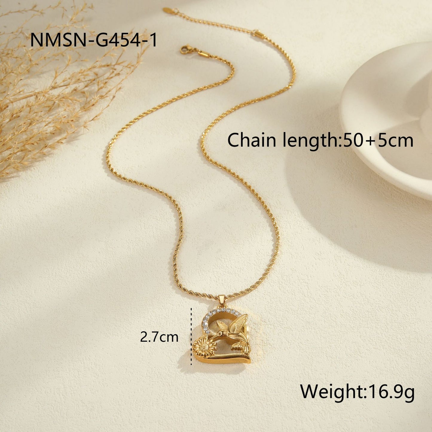 Design Sense Hummingbird Flowers Print Pendant Gold-plated Titanium Steel